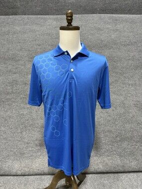 Faldo Claret Green Men’s Golf Polo Shirt Blue Hex Pattern Performance Size S